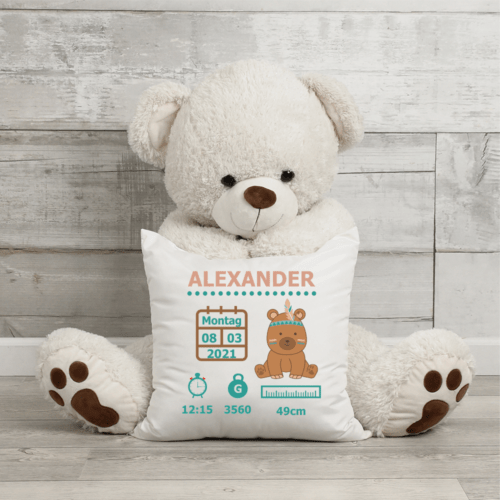 Kissen zu Geburt mit Wunschnamen Indianer Teddy für Jungen
