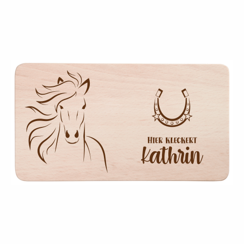 Frühstücksbrettchen Pferd und Hufeisen mit Wunschnamen