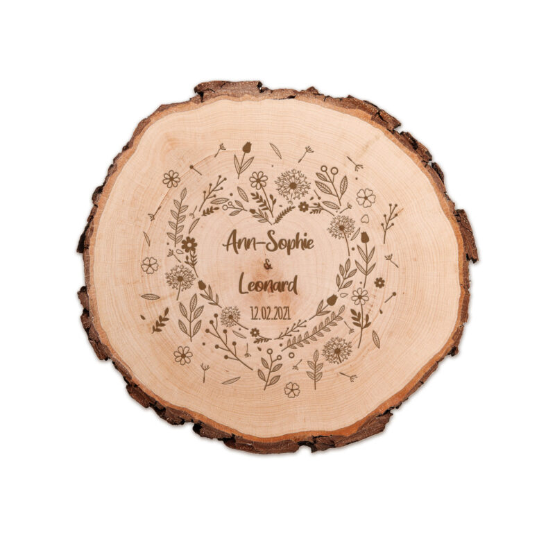 Bild von   baumscheibe blumenherz hochzjpg | Individuelle 🎁 persönliche 🎁 personalisierte Geschenke bedruckt ▪ bestickt ▪ graviert