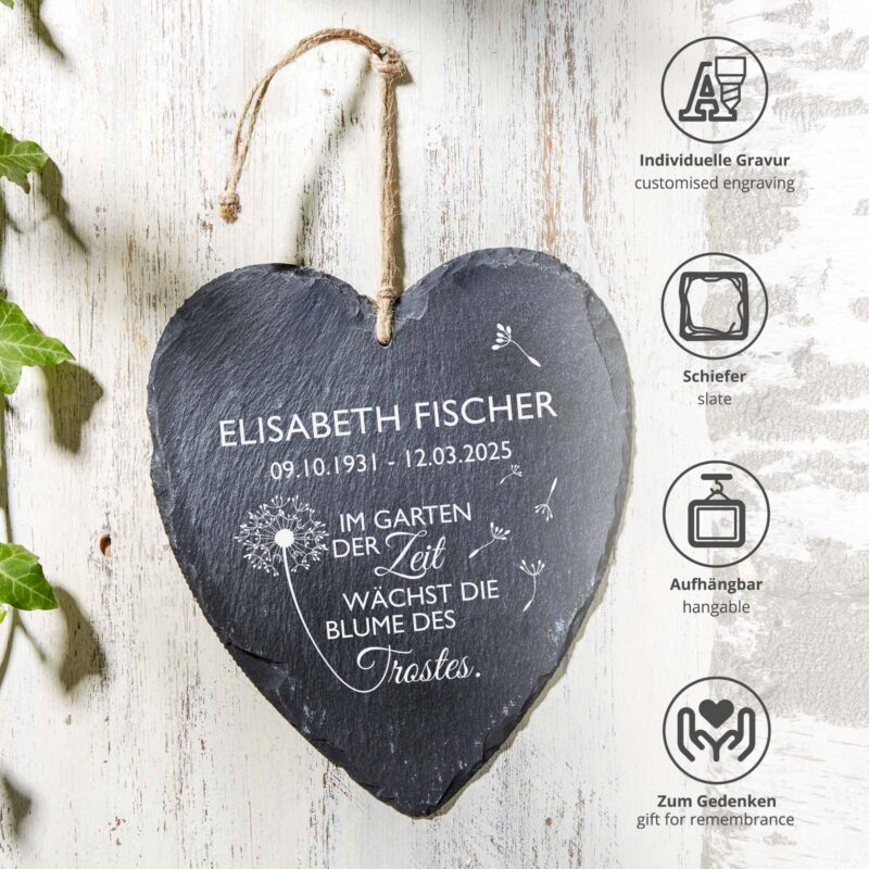Bild von   schieferherz trauer blumejpg | Individuelle 🎁 persönliche 🎁 personalisierte Geschenke bedruckt ▪ bestickt ▪ graviert