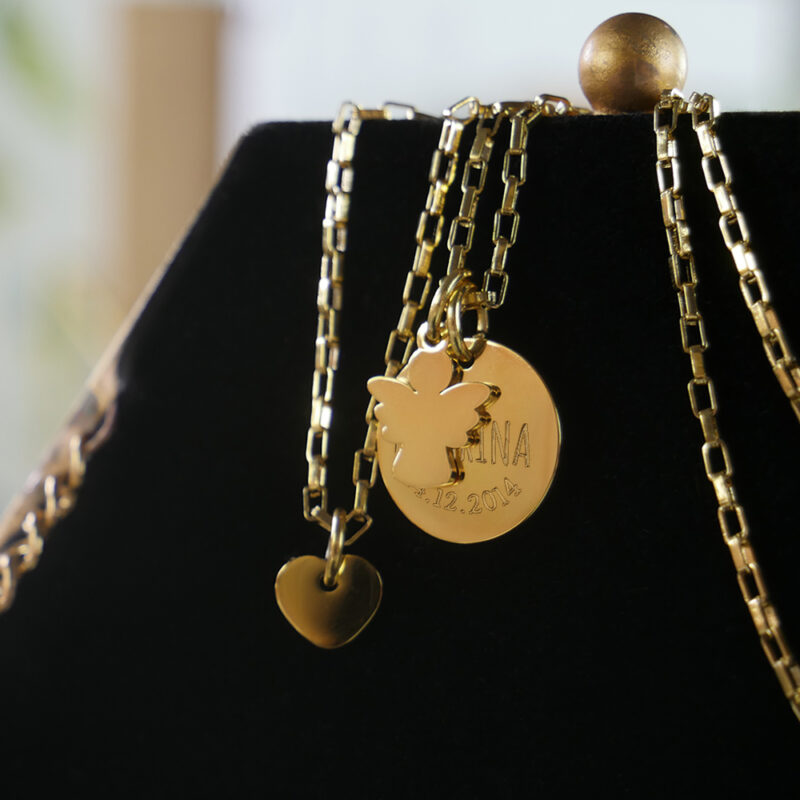 Kette mit Gravur Anhänger - Herz und Engel - Gold - Personalisiert