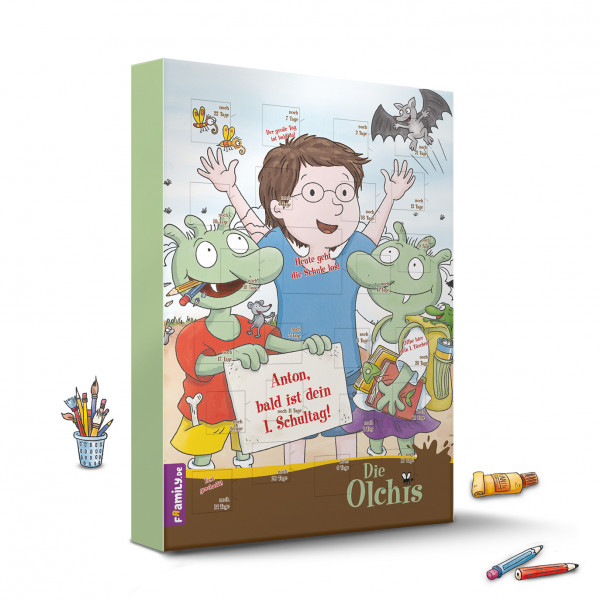 Bild von   die olchis countdown schulstarjpg | Individuelle 🎁 persönliche 🎁 personalisierte Geschenke bedruckt ▪ bestickt ▪ graviert