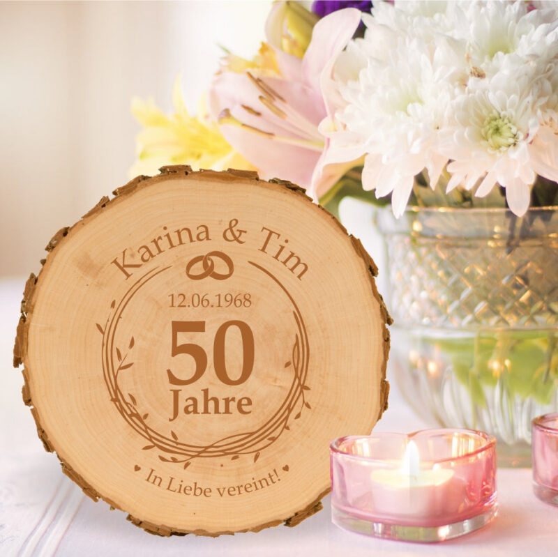 Bild von   baumscheibe zur goldenen hochzjpg | Individuelle 🎁 persönliche 🎁 personalisierte Geschenke bedruckt ▪ bestickt ▪ graviert