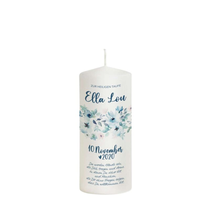 Bild von   patenkerze bluete in blau fuerjpg | Individuelle 🎁 persönliche 🎁 personalisierte Geschenke bedruckt ▪ bestickt ▪ graviert