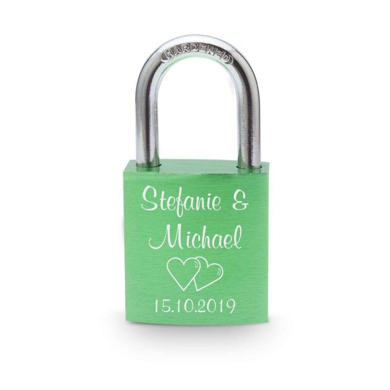 Bild von   liebesschloss alu gruenjpg | Individuelle 🎁 persönliche 🎁 personalisierte Geschenke bedruckt ▪ bestickt ▪ graviert