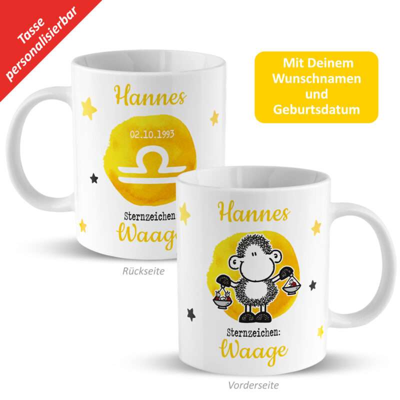 Tasse mit Sternzeichen »Waage«, mit Namen und Geburtsdatum, weiß, personalisiert