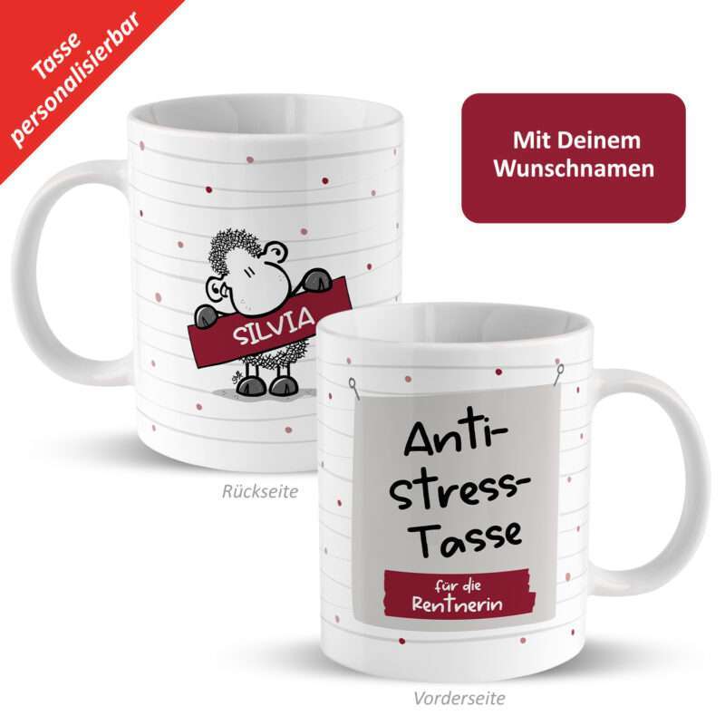 Anti-Stress-Tasse »für die Renterin …« mit Wunschnamen, weiß, personalisiert