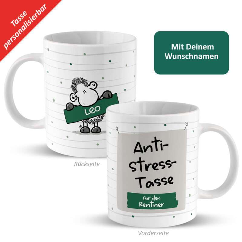 Anti-Stress-Tasse »für den Rentner …« mit Wunschnamen, weiß, personalisiert