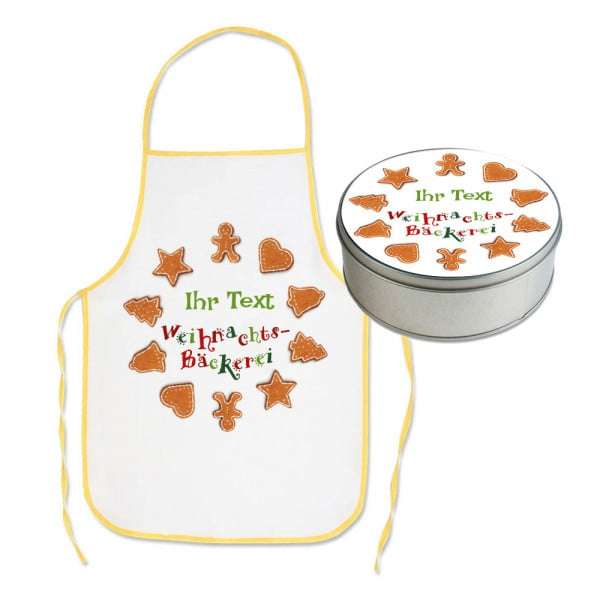 Kinder SET "Weihnachtsbäckerei" Schürze + Keksdose individuell 4-farbig bedruckt