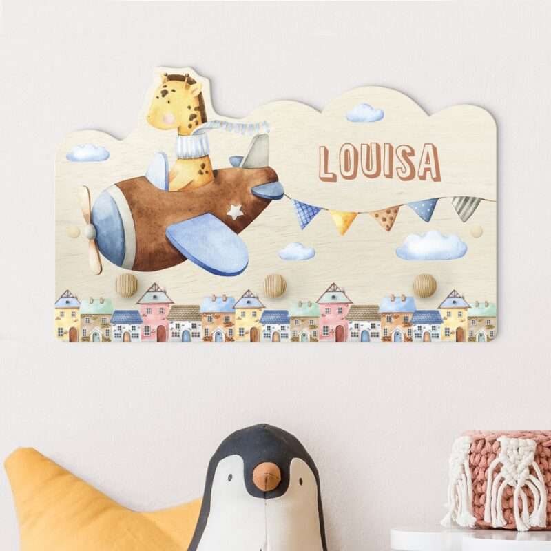 Kindergarderobe Holz mit Namen Aquarell Tierpilot Giraffe mit Wunschname