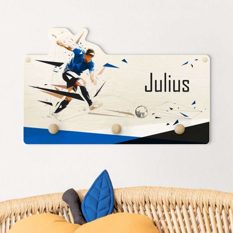 Kindergarderobe Holz mit Namen Lieblingsverein Blau Schwarz mit Wunschname