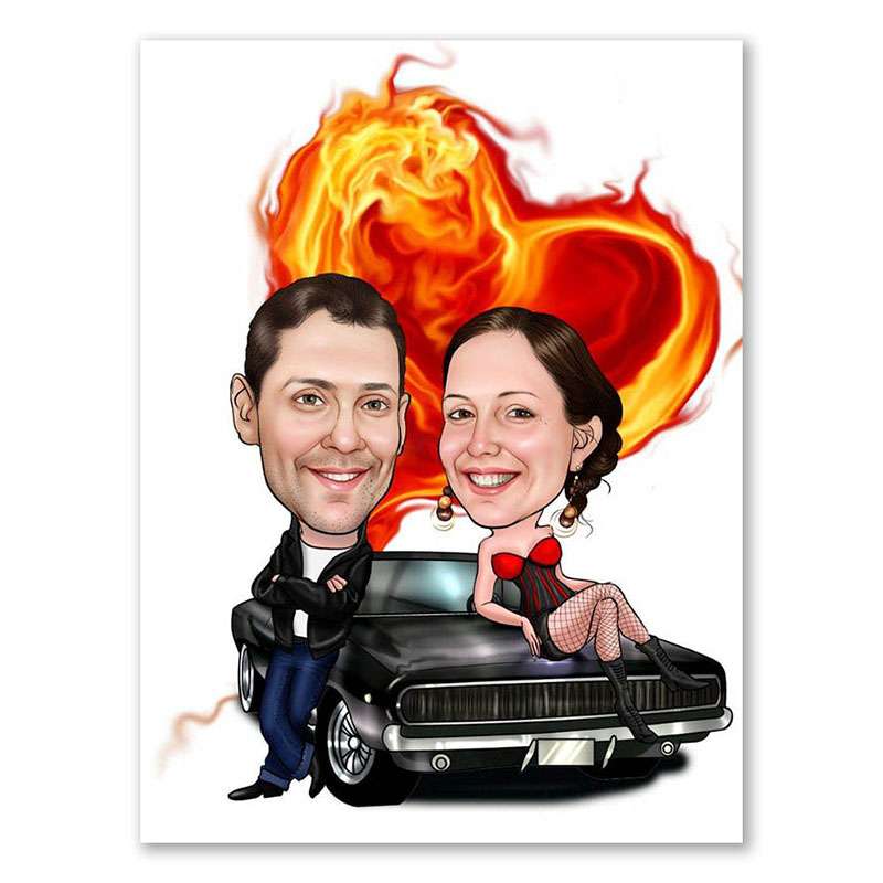 Karikatur vom Foto - Hochzeitspaar brennendes Herz (ca1203)