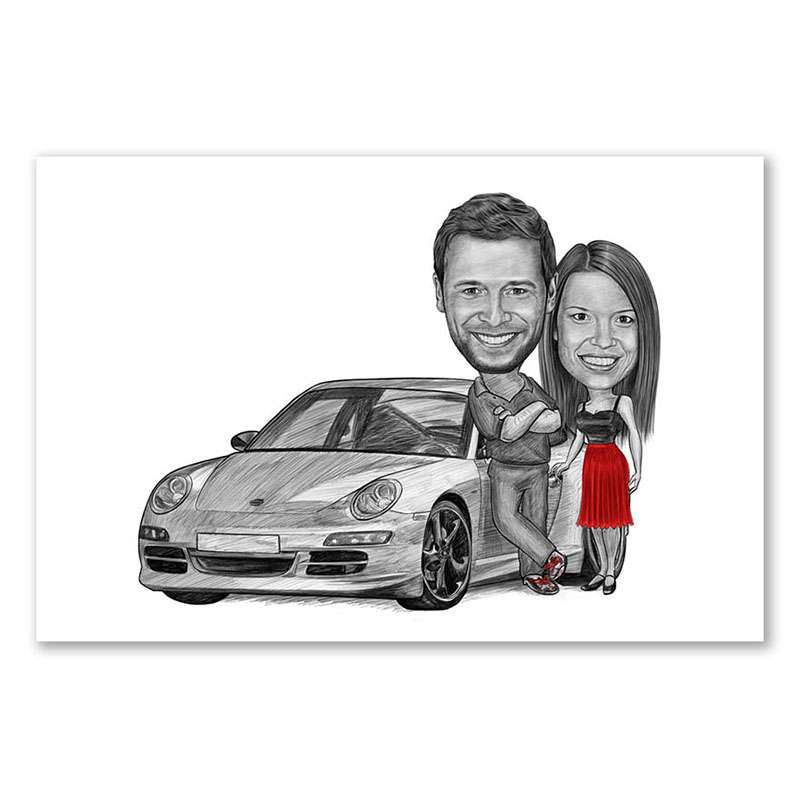 Karikatur vom Foto - Mein Auto (andere Automarken mgl.) Paar Zeichnung mit rot (ca392couple-pen-red)