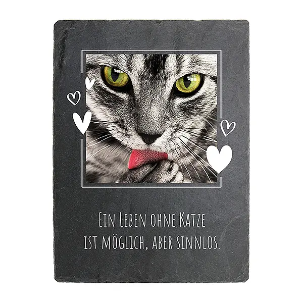 Schiefertafel mit Katzenfoto und Wunschtext