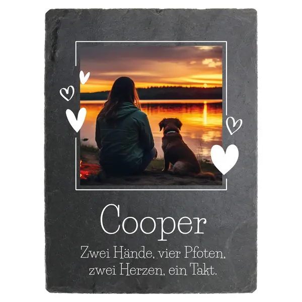 Schiefertafel mit Hundefoto und Wunschtext