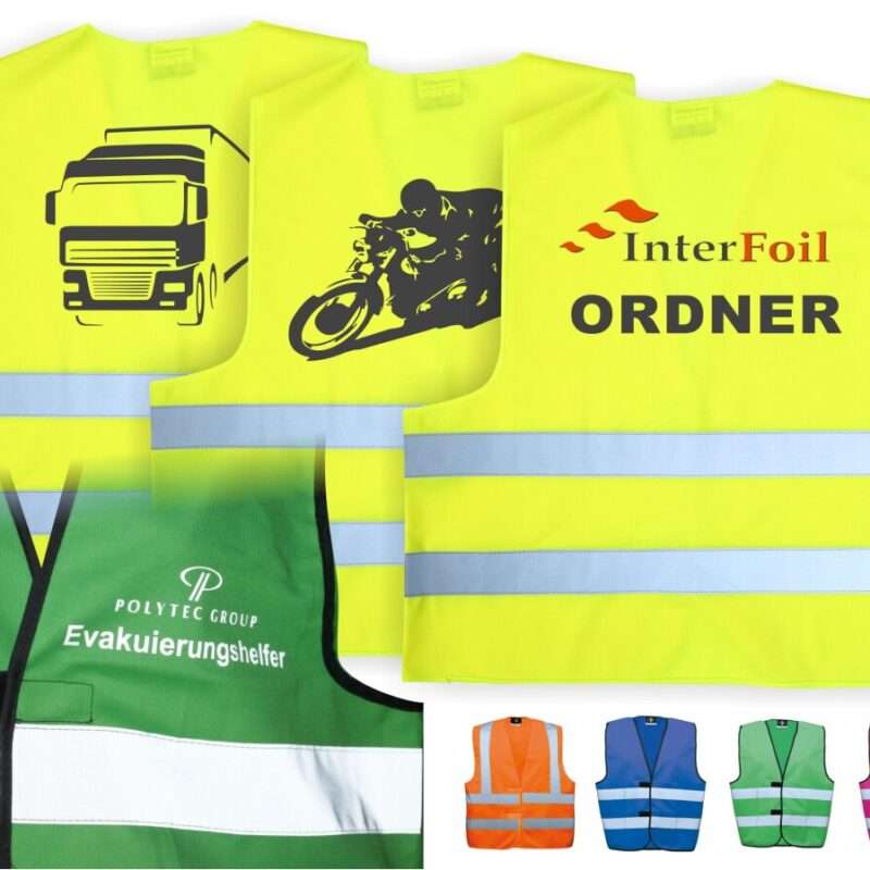 High-visibility neon yellow safety vests with reflective bands, showing truck and motorcycle graphics and the InterFoil ORDNER logo, plus a green vest with Evakuierungshelfer text and several color options (orange, blue, green, pink).