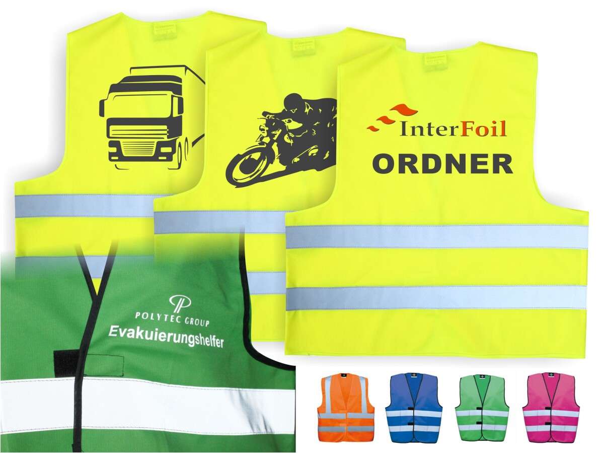 High-visibility neon yellow safety vests with reflective bands, showing truck and motorcycle graphics and the InterFoil ORDNER logo, plus a green vest with Evakuierungshelfer text and several color options (orange, blue, green, pink).