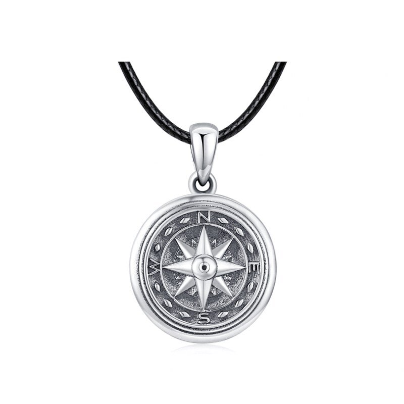 Silver compass pendant on a black cord necklace