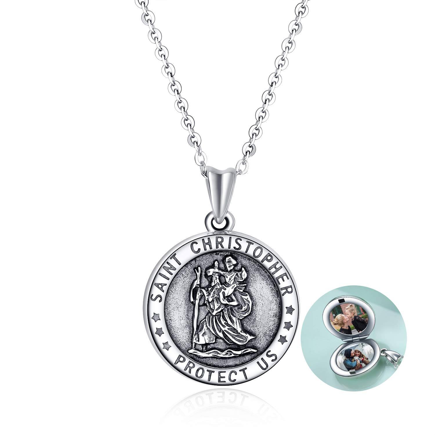 Silver chain necklace with a Saint Christopher pendant reading 'Saint Christopher Protect Us' beside a circular teal photo locket with family pictures