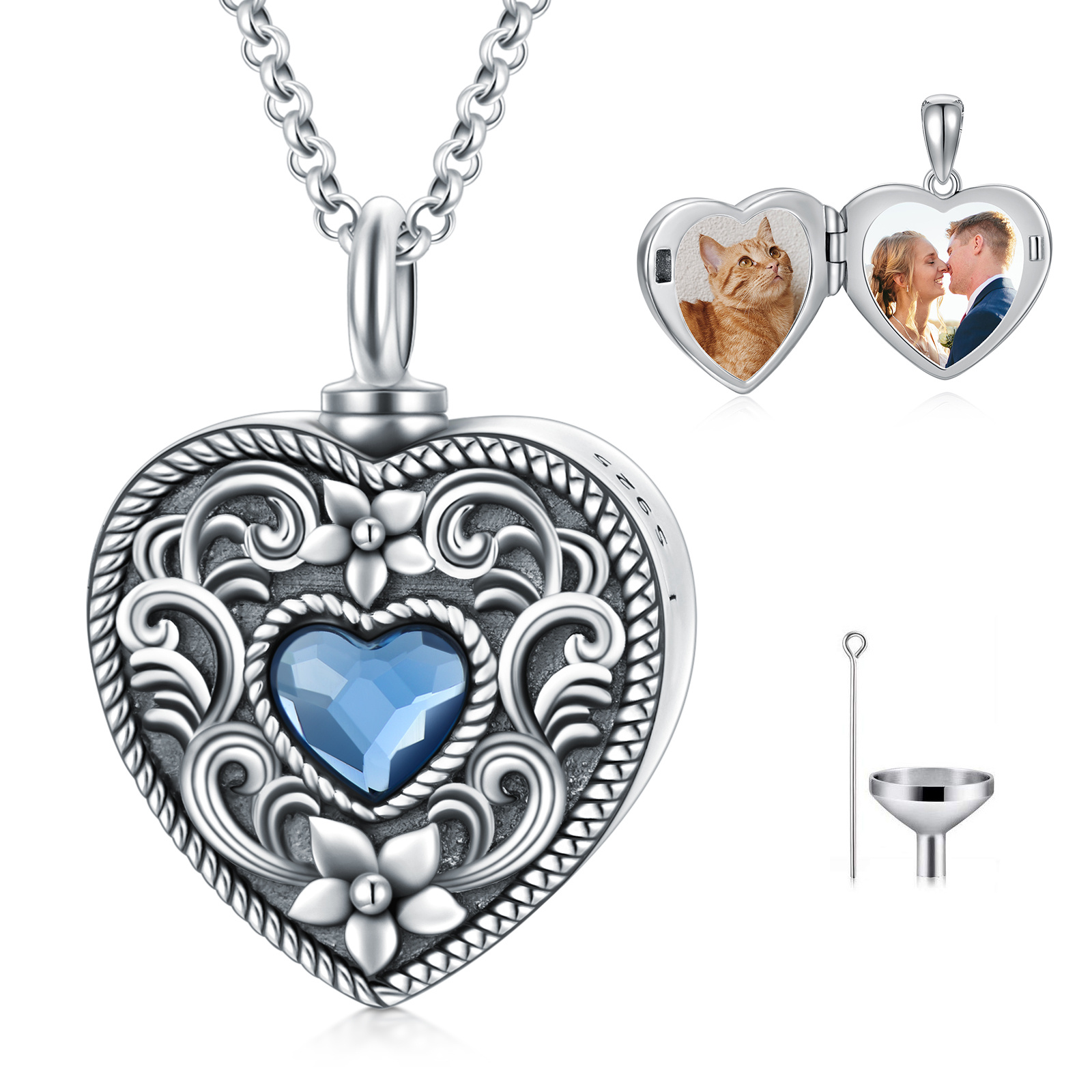 Heart-shaped silver pendant with a blue gemstone and ornate scrollwork on a chain (jewelry product)
