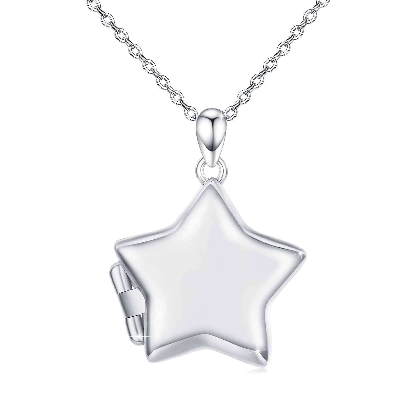 Silver star pendant necklace on a silver chain against a white background, close-up.