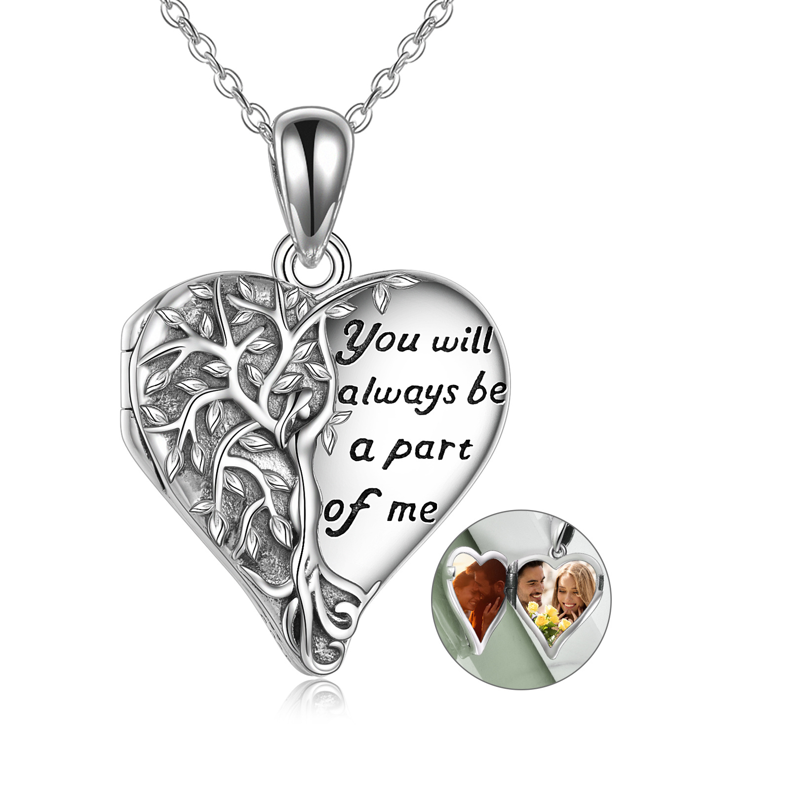 Personalisierte Medaillon-Halskette mit Foto-Baum des Lebens aus Sterlingsilber mit eingraviertem Wort