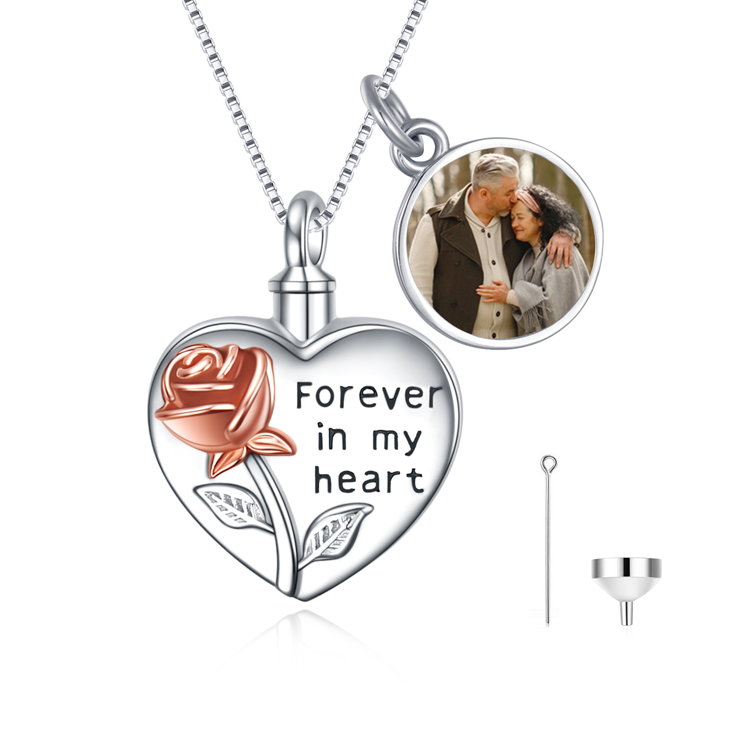 Sterling Silber zweifarbige Rose personalisiertes Foto mit Herz Urnenkette für Asche für Frauen