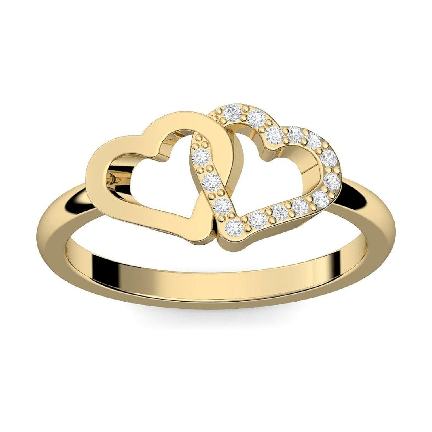 Gold ring with two intertwined hearts, one outlined and one pavé-diamond set, on a smooth band