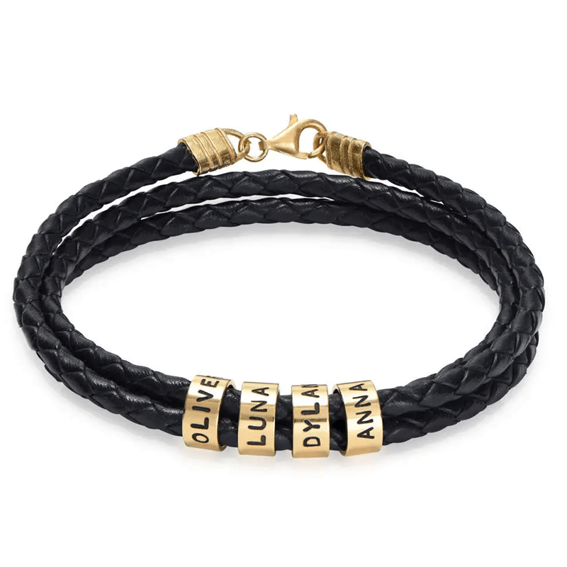 Black braided leather wrap bracelet with gold letter beads spelling OLIVE, LUNA, DYLAN, ANNA and a gold clasp closure (personalized jewelry).