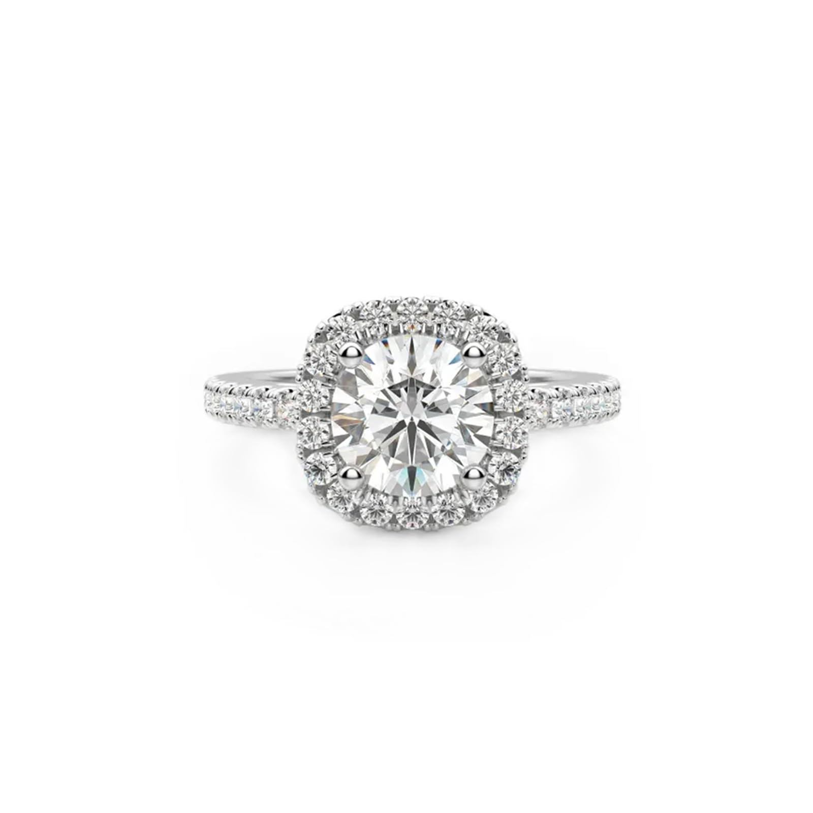 Diamond halo engagement ring with a large central stone and pavé-set band on a white background.