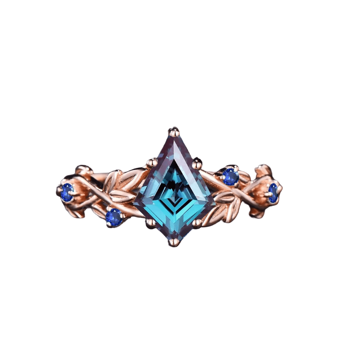Rose gold ring with intricate leaf design and a teal-blue square-cut centerpiece gemstone.