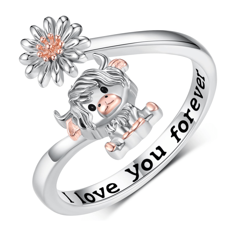 Silver ring with a cute unicorn charm and a flower, engraved with 'I love you forever' on the band