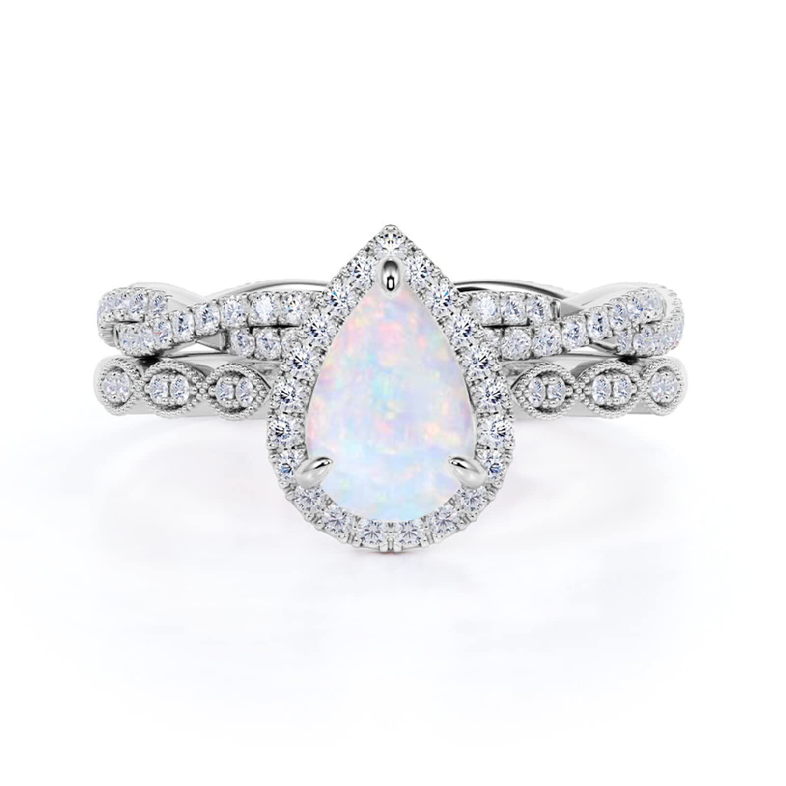 Pear-shaped opal center stone surrounded by a diamond halo on a pavé diamond band ring