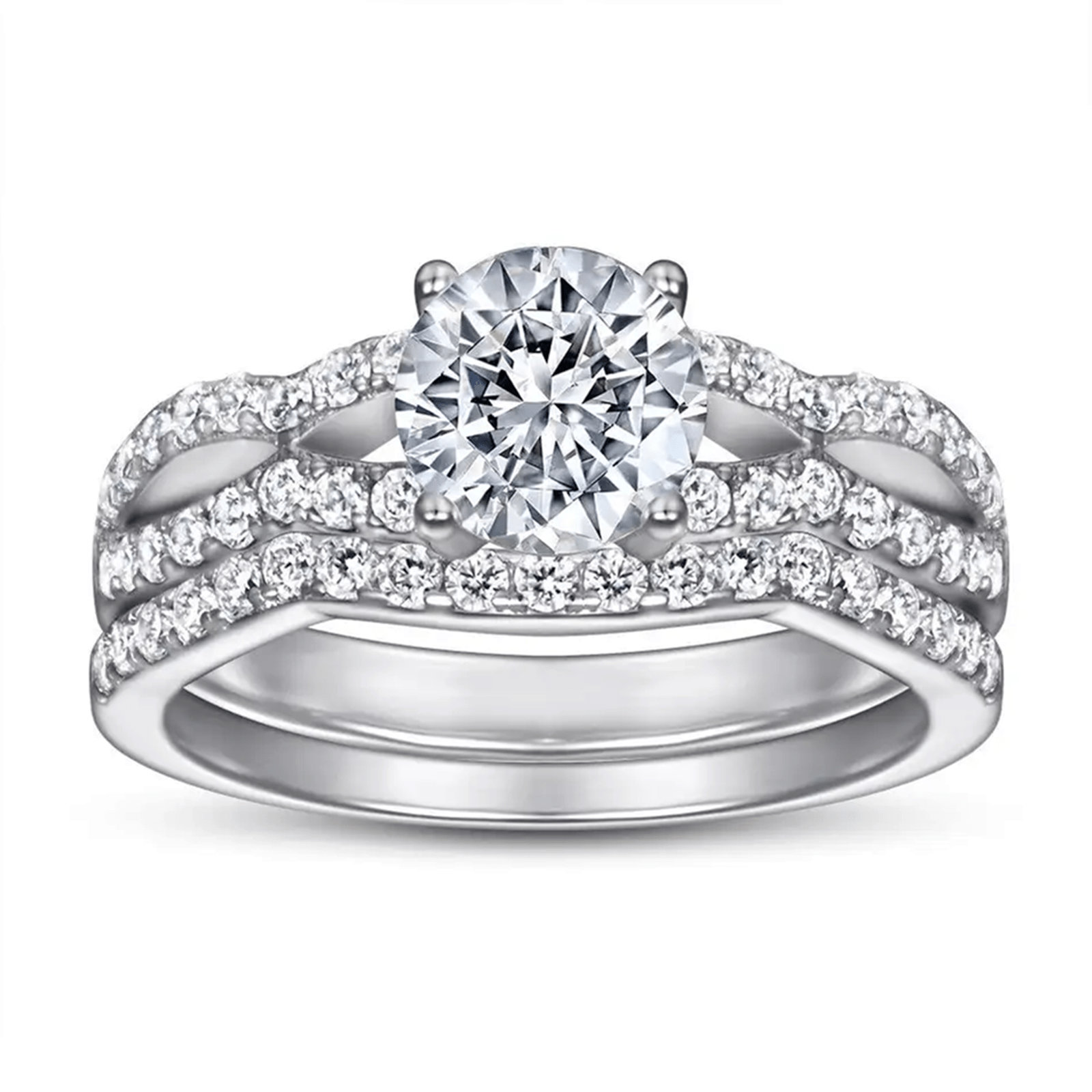 Engagement ring with a large round center diamond and pavé-set diamonds along the band in a white metal setting (platinum or white gold).