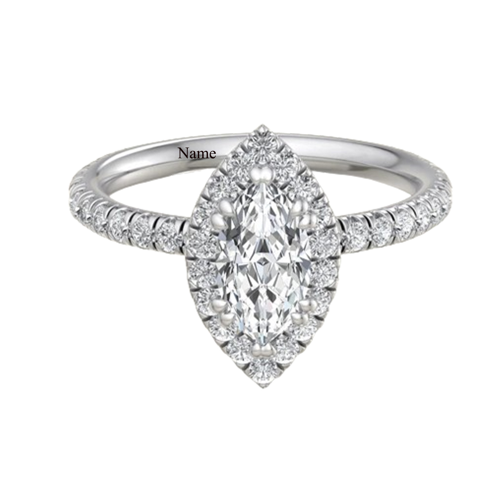 Engagement ring featuring a large central diamond with a halo of smaller diamonds and a diamond-studded band, with the word 'Name' shown on the band.