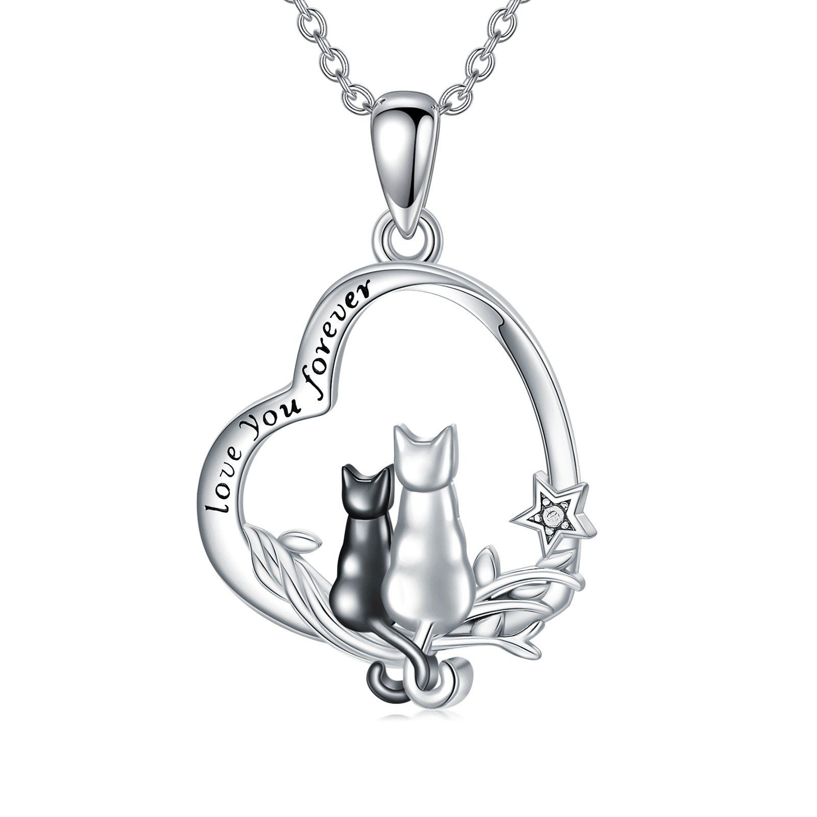 Silver pendant necklace featuring two cats sitting back to back inside a circular frame, engraved with 'Love you forever' along the rim, with stars and leaf accents.