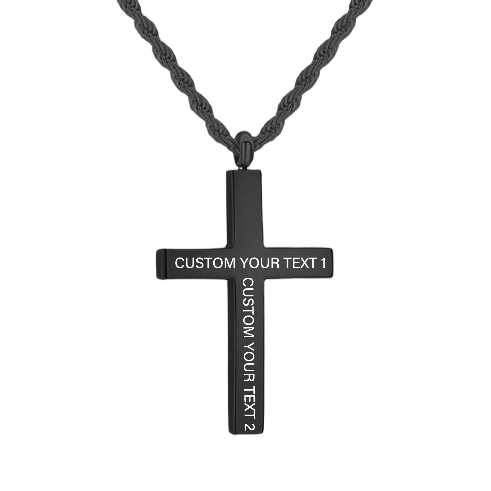 Black cross pendant on a braided necklace with customizable text on the arms reading 'CUSTOM YOUR TEXT 1' and 'CUSTOM YOUR TEXT 2'.
