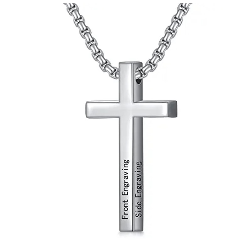 Silver cross pendant on a chain with vertical engravings reading 'Front Engraving' and 'Side Engraving'.