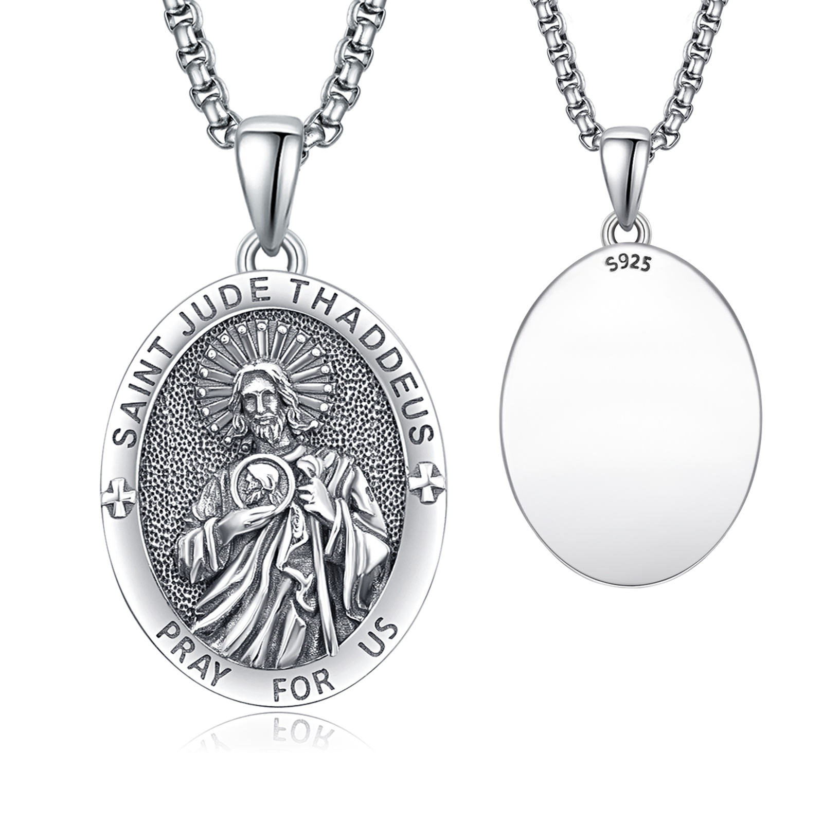 Silver Saint Jude Thaddeus medal pendant on a chain, with detailed relief of Saint Jude and the inscription 'SAINT JUDE THADDEUS PRAY FOR US' around the edge, front view
