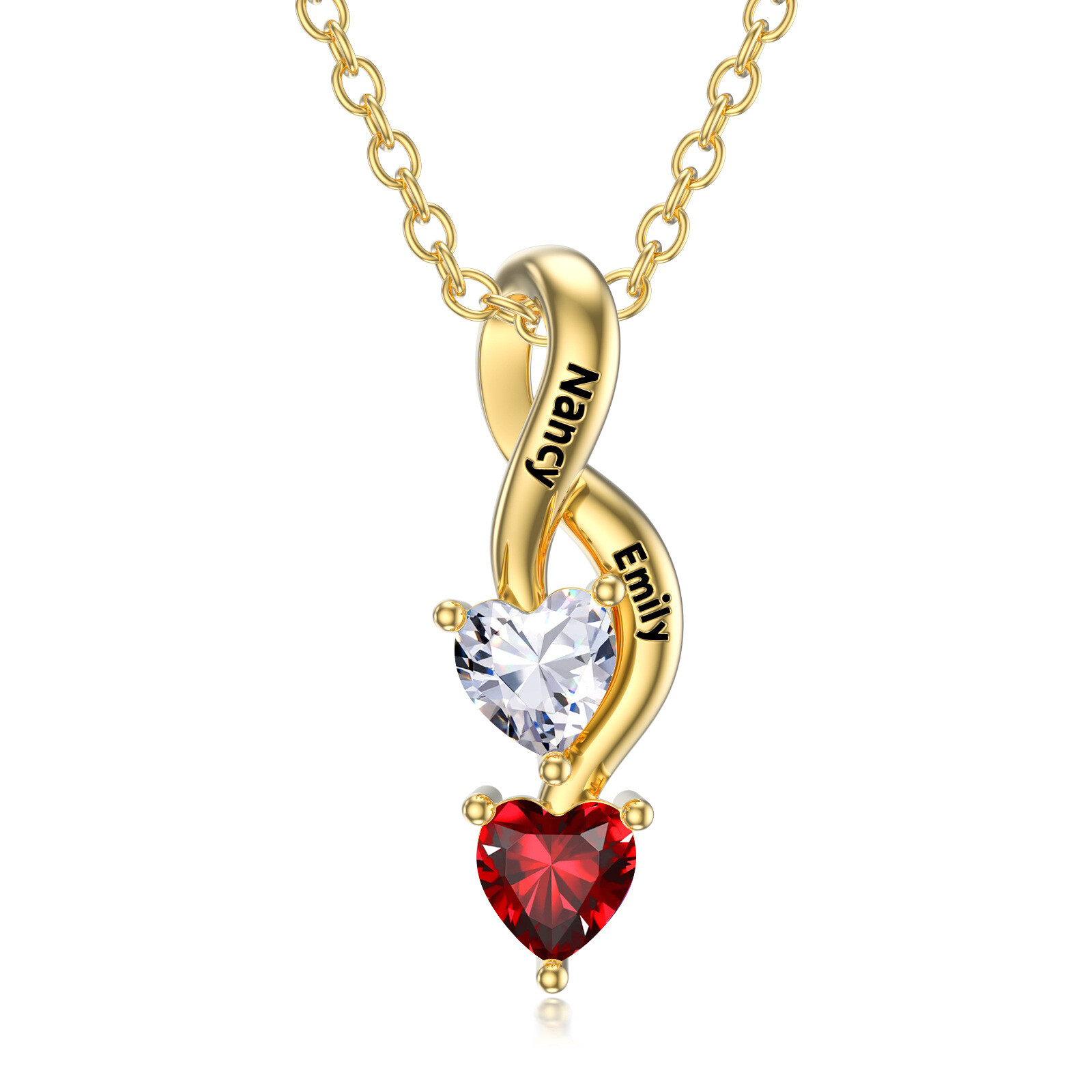 Gold necklace with intertwining rings and a heart-shaped red gem pendant; rings are engraved with names.
