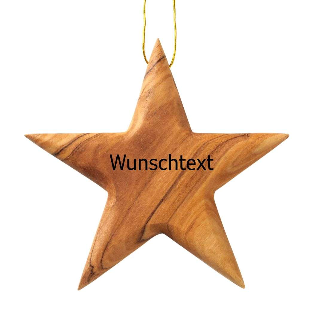 Wooden five-point star Christmas ornament with a space for custom text on the front.