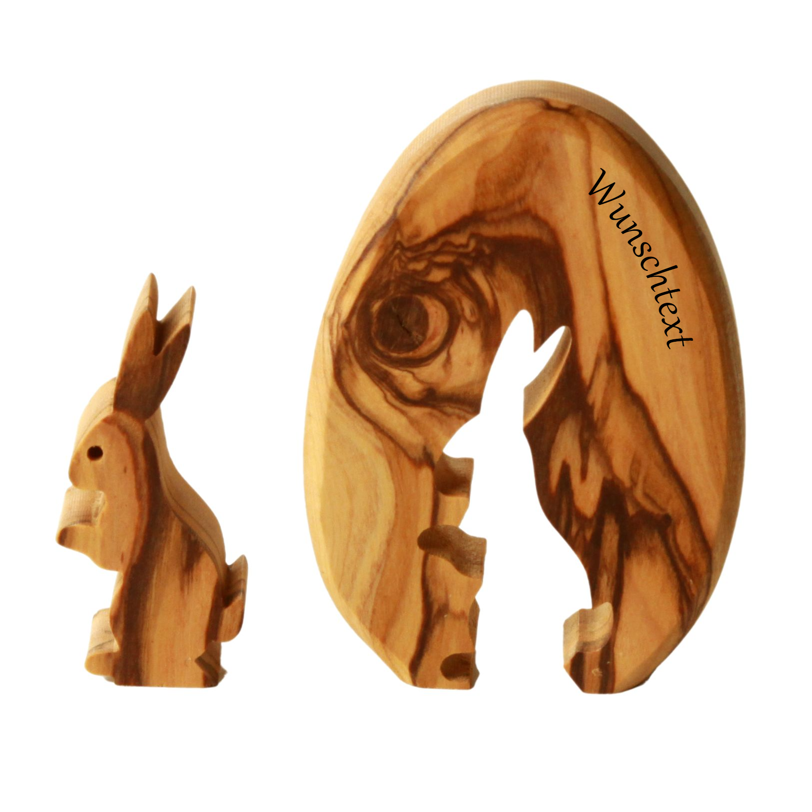 Three wooden carved horse figures on a white background, with a placeholder text 'Wunschtext' along the right edge.
