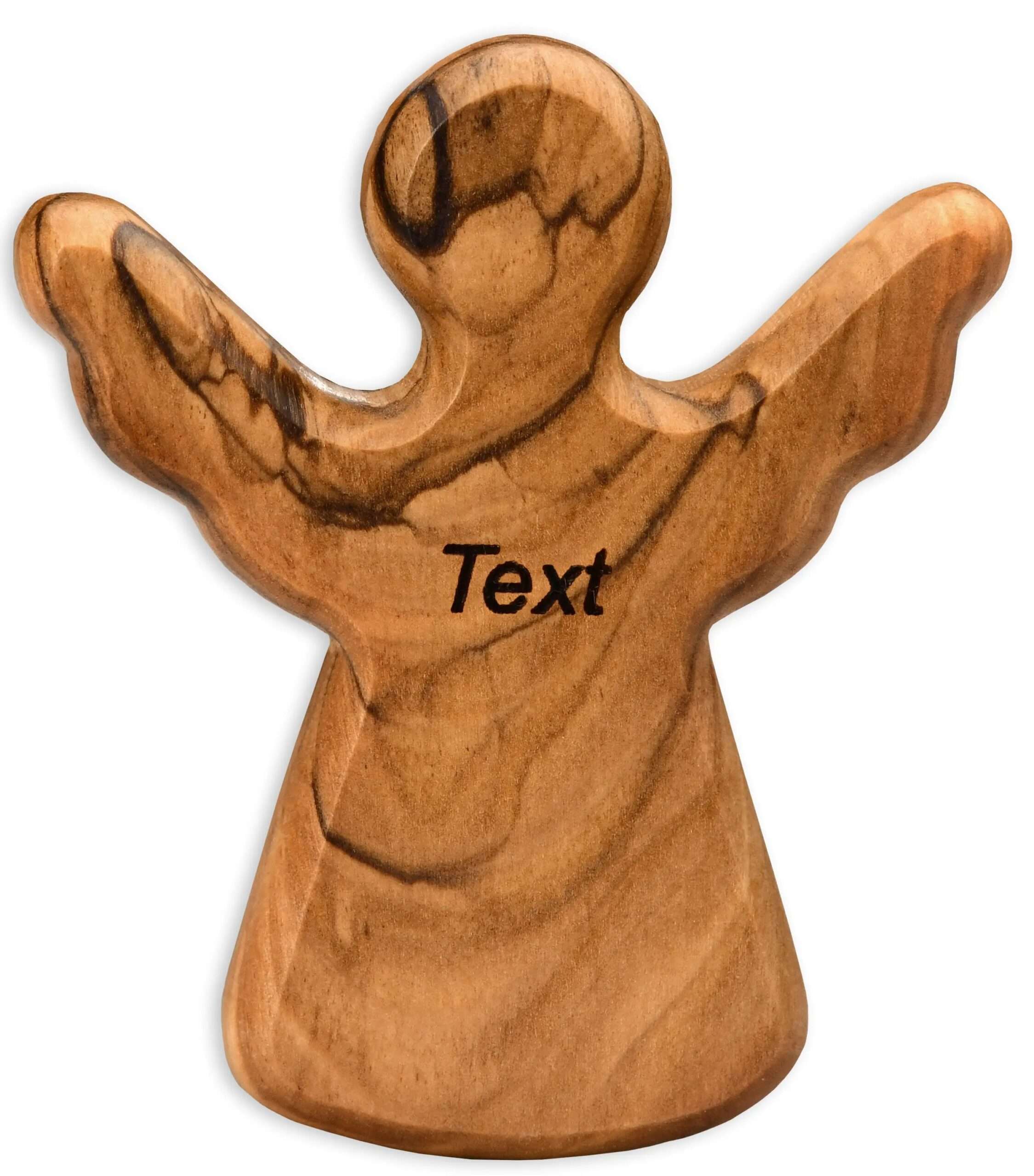Wooden carved angel figurine with outstretched arms, white background, showing the word 'Text' on its chest.