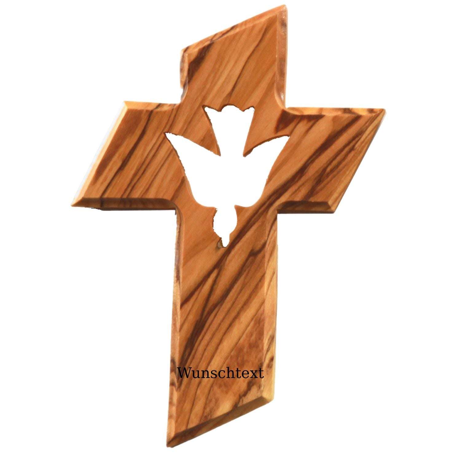 Wooden cross with a centered maple leaf cutout; 'Wunschtext' placeholder text at the bottom.