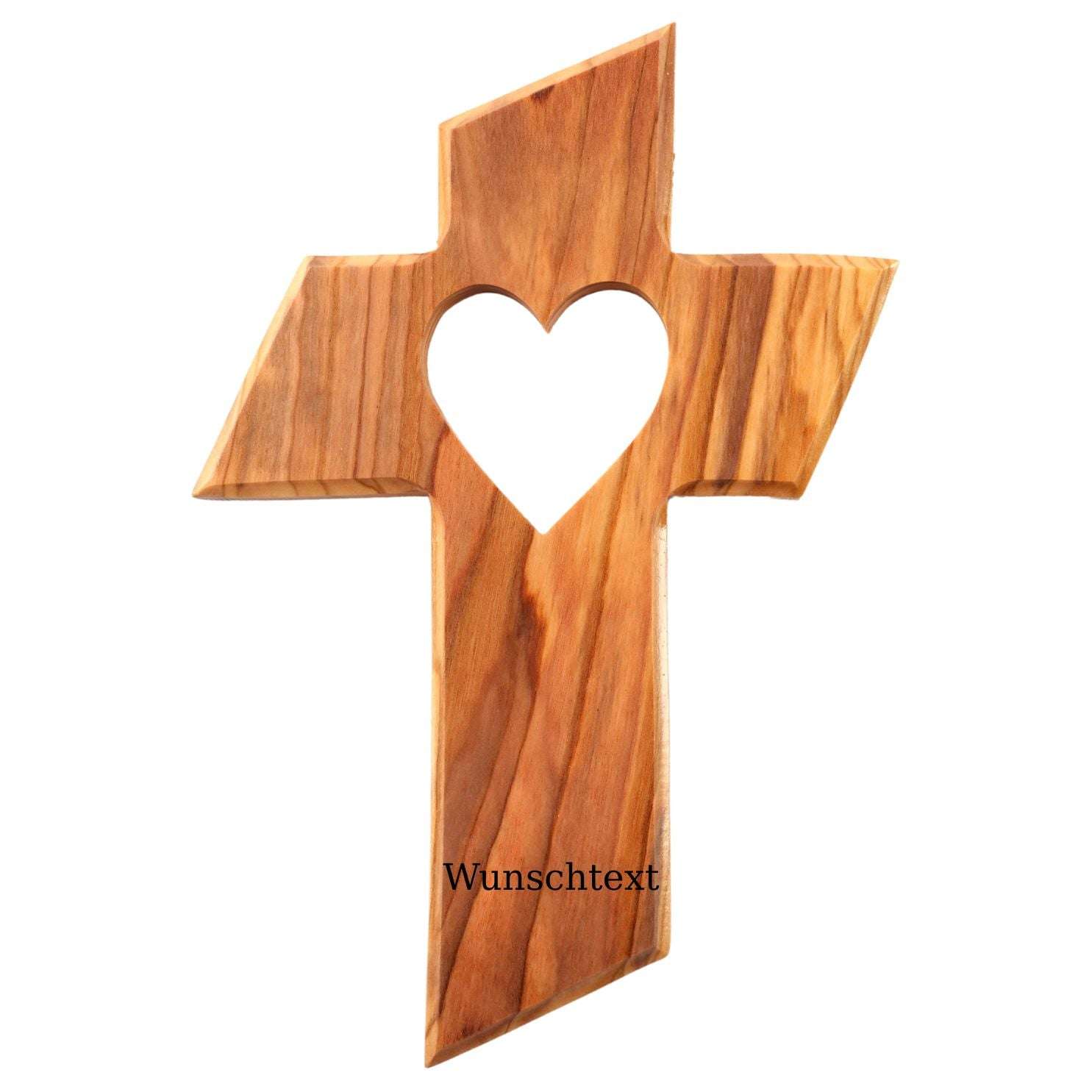 Wooden cross with a heart-shaped cutout and visible wood grain; space at bottom for custom text: 'Wunschtext'