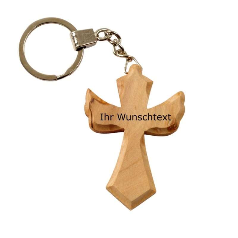 Wooden cross-shaped keychain with a metal ring and placeholder text 'Ihr Wunschtext' for custom engraving (decorative accessory).
