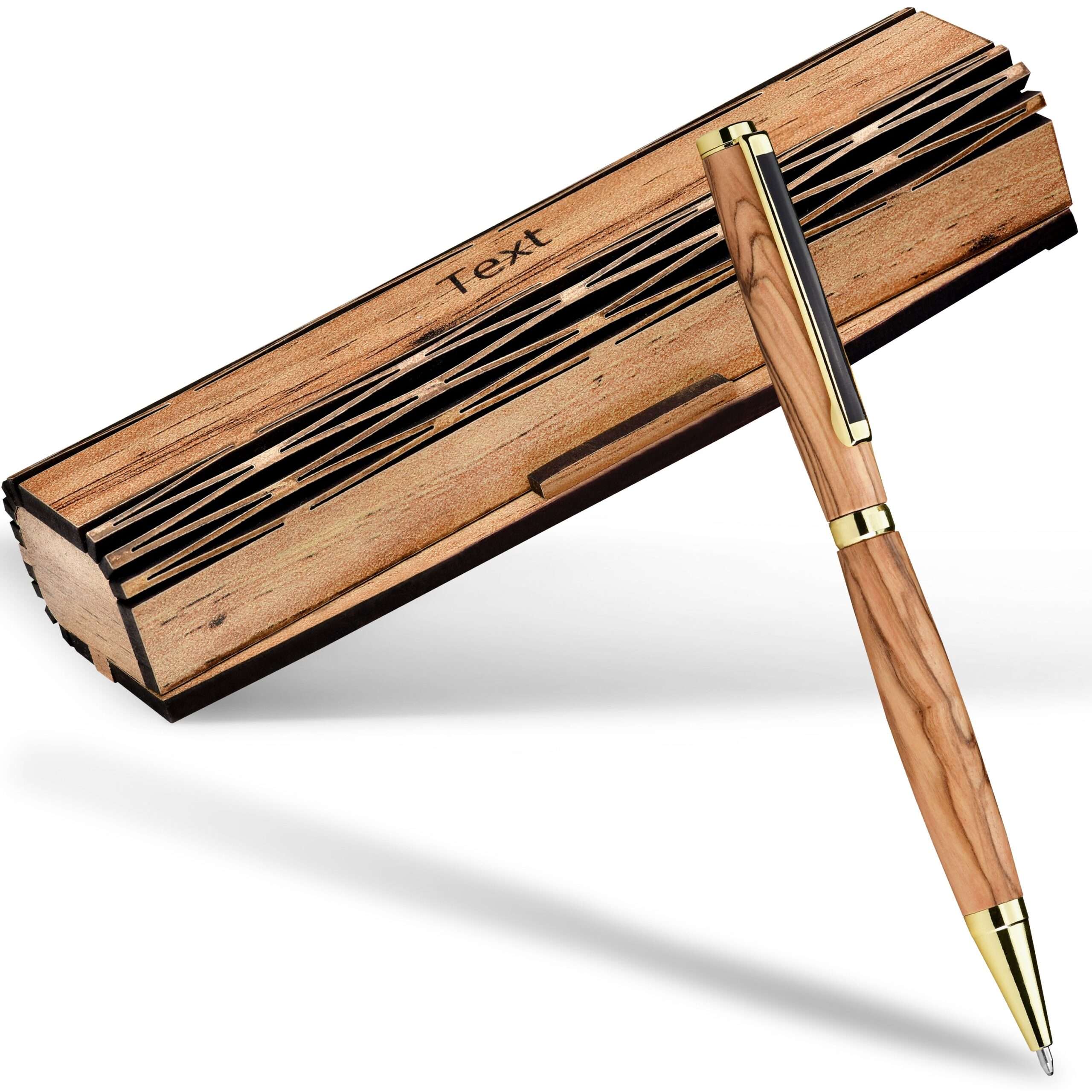 Close-up of a wooden beam with the word 'Text' engraved and a gold-trimmed pen resting diagonally across it.