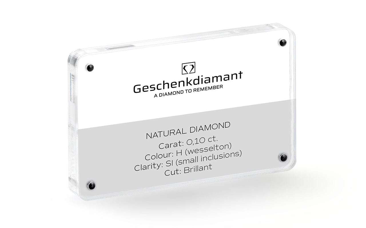 Clear acrylic display with a card reading: Natural Diamond, 0.10 ct, color H (Wesselton), clarity SI, cut Brillant, Geschenkdiamant