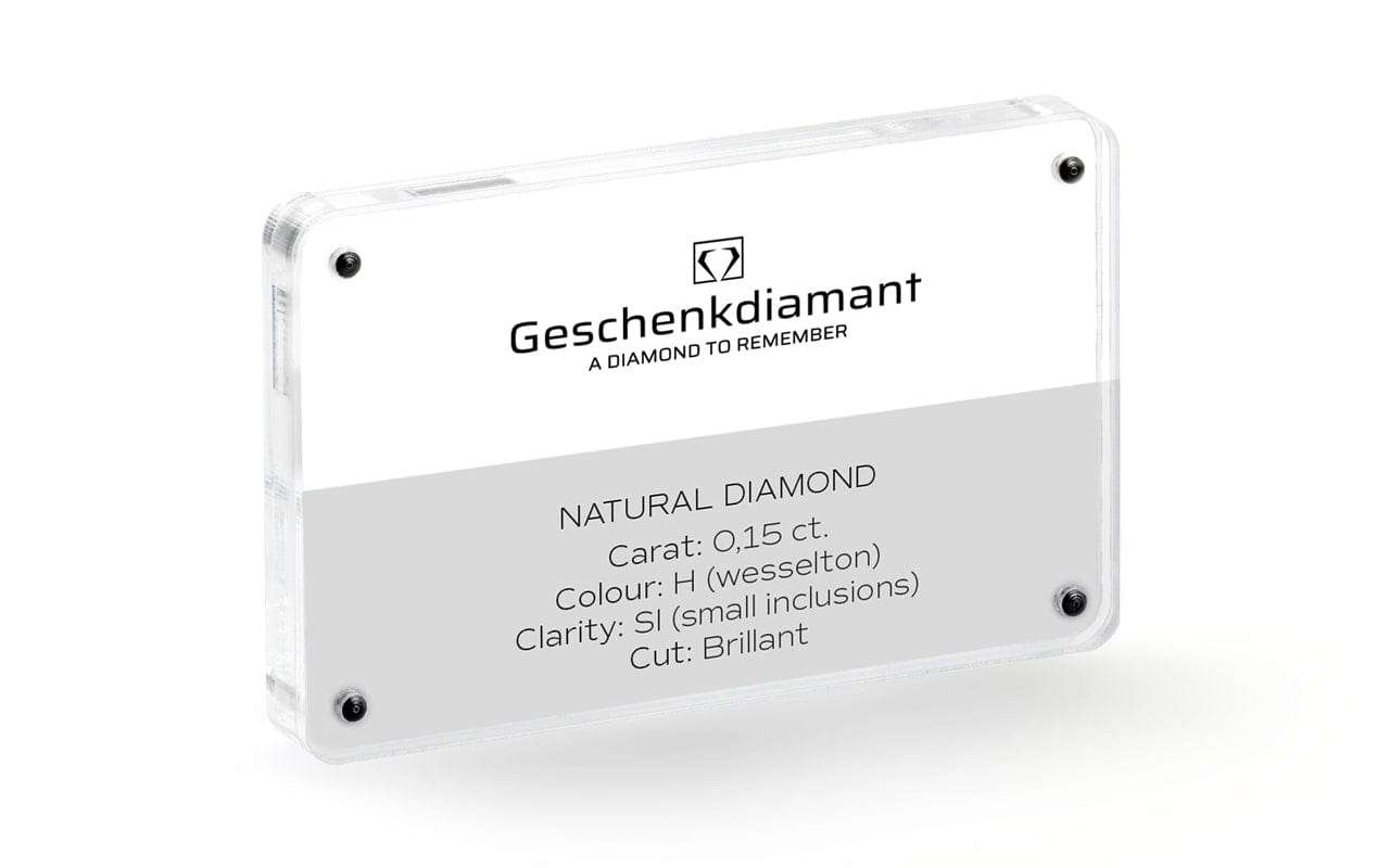 Clear transparent display case with a white insert listing Geschenkdiamant and natural diamond specs: 0.15 ct, color H, clarity SI, cut Brilliant.