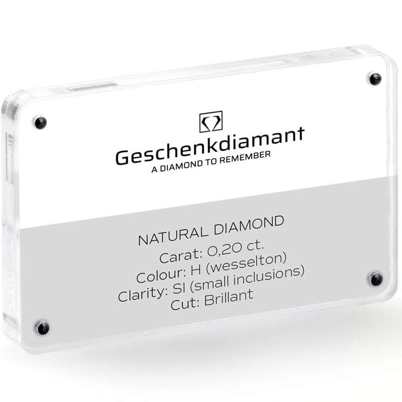 Label for a natural diamond: 0.20 ct, color H (Wesselton), SI clarity, brilliant cut, Geschenkdiamant brand.